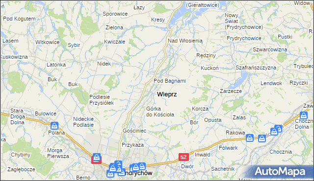 mapa Wieprz powiat wadowicki, Wieprz powiat wadowicki na mapie Targeo