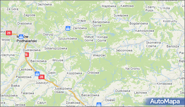 mapa Wieprzec gmina Maków Podhalański, Wieprzec gmina Maków Podhalański na mapie Targeo