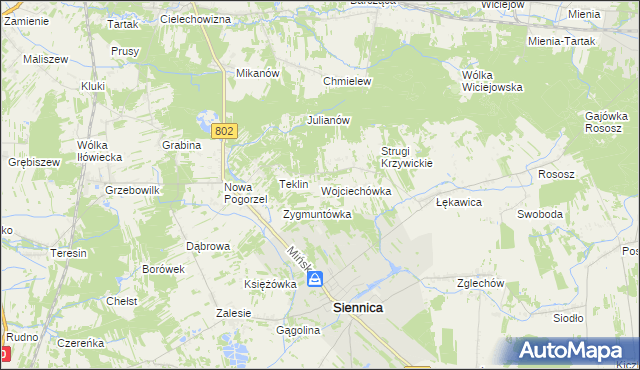 mapa Wojciechówka gmina Siennica, Wojciechówka gmina Siennica na mapie Targeo
