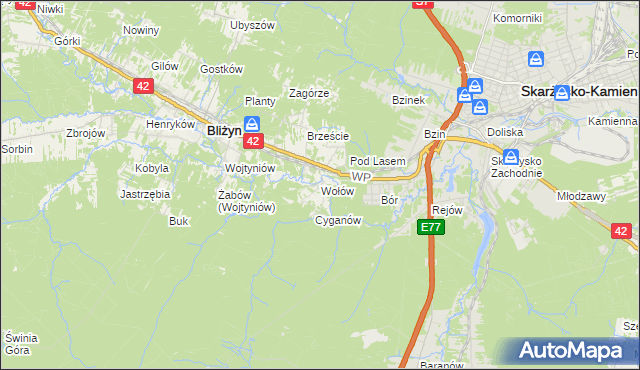 mapa Wołów gmina Bliżyn, Wołów gmina Bliżyn na mapie Targeo