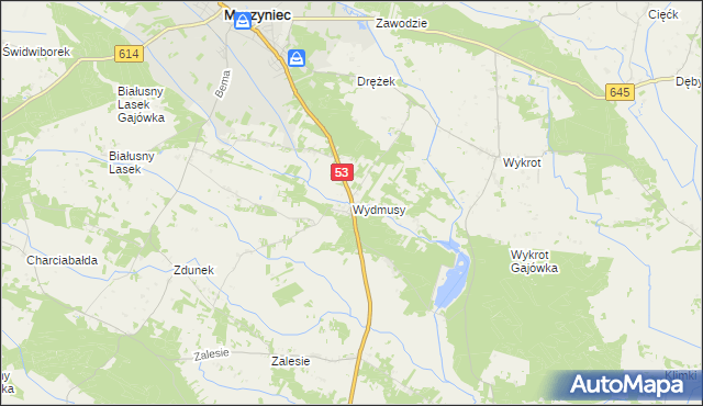 mapa Wydmusy, Wydmusy na mapie Targeo