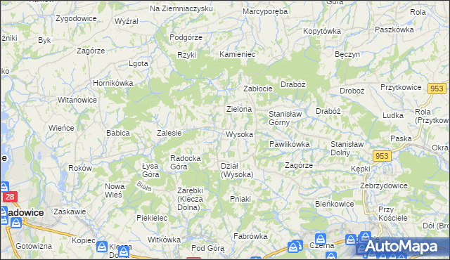 mapa Wysoka gmina Wadowice, Wysoka gmina Wadowice na mapie Targeo