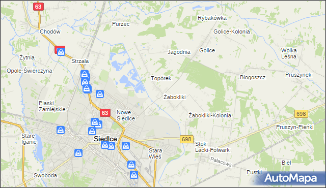 mapa Żabokliki gmina Siedlce, Żabokliki gmina Siedlce na mapie Targeo
