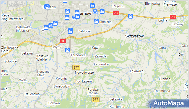 mapa Zawada gmina Tarnów, Zawada gmina Tarnów na mapie Targeo