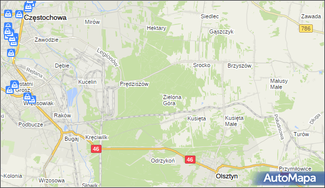 mapa Zielona Góra gmina Olsztyn, Zielona Góra gmina Olsztyn na mapie Targeo