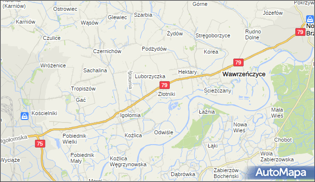 mapa Złotniki gmina Igołomia-Wawrzeńczyce, Złotniki gmina Igołomia-Wawrzeńczyce na mapie Targeo