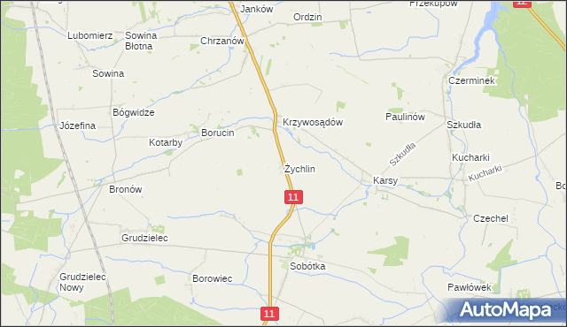 mapa Żychlin gmina Gołuchów, Żychlin gmina Gołuchów na mapie Targeo