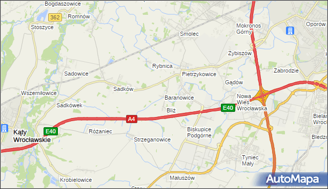 mapa Baranowice gmina Kąty Wrocławskie, Baranowice gmina Kąty Wrocławskie na mapie Targeo