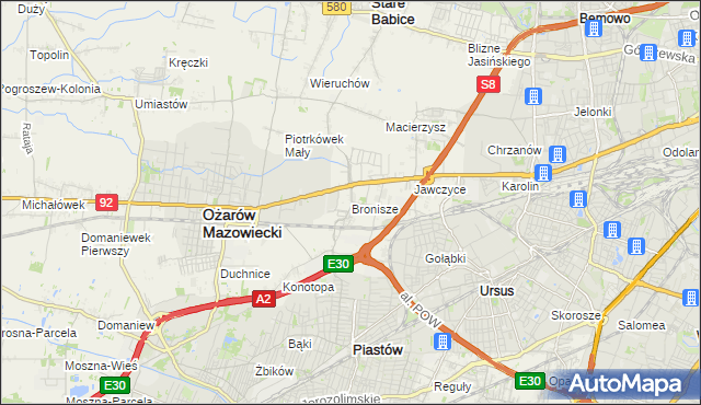 mapa Bronisze gmina Ożarów Mazowiecki, Bronisze gmina Ożarów Mazowiecki na mapie Targeo