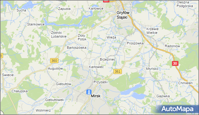 mapa Brzeziniec gmina Mirsk, Brzeziniec gmina Mirsk na mapie Targeo