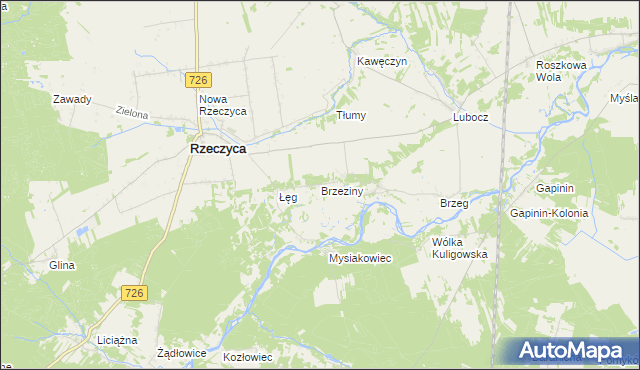 mapa Brzeziny gmina Rzeczyca, Brzeziny gmina Rzeczyca na mapie Targeo