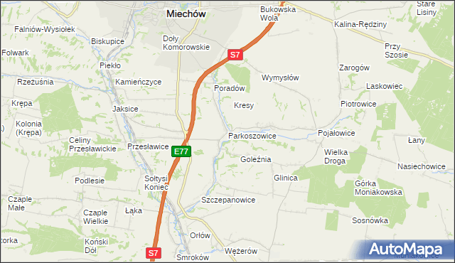 mapa Parkoszowice gmina Miechów, Parkoszowice gmina Miechów na mapie Targeo