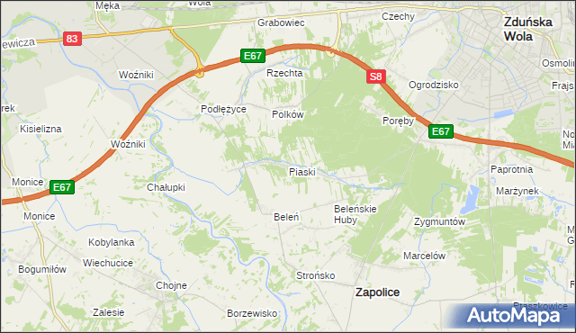 mapa Piaski gmina Zduńska Wola, Piaski gmina Zduńska Wola na mapie Targeo