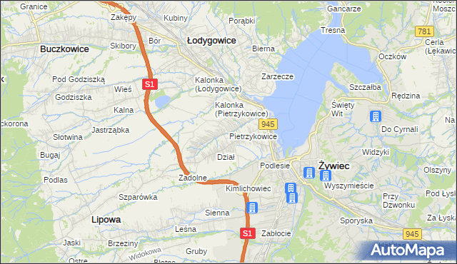 mapa Pietrzykowice gmina Łodygowice, Pietrzykowice gmina Łodygowice na mapie Targeo