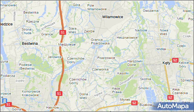 mapa Pisarzowice gmina Wilamowice, Pisarzowice gmina Wilamowice na mapie Targeo