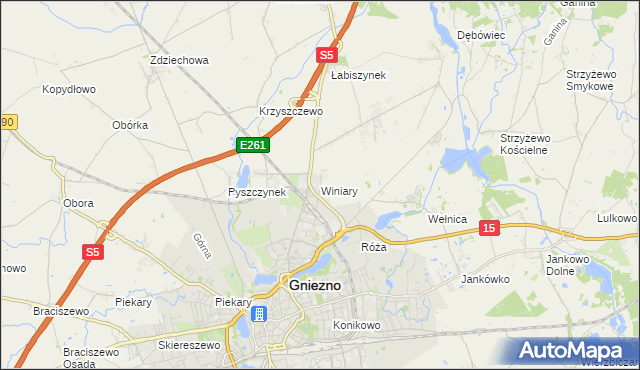 mapa Winiary gmina Gniezno, Winiary gmina Gniezno na mapie Targeo