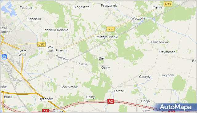 mapa Biel gmina Siedlce, Biel gmina Siedlce na mapie Targeo