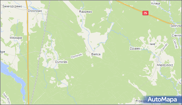 mapa Bielica gmina Biały Bór, Bielica gmina Biały Bór na mapie Targeo