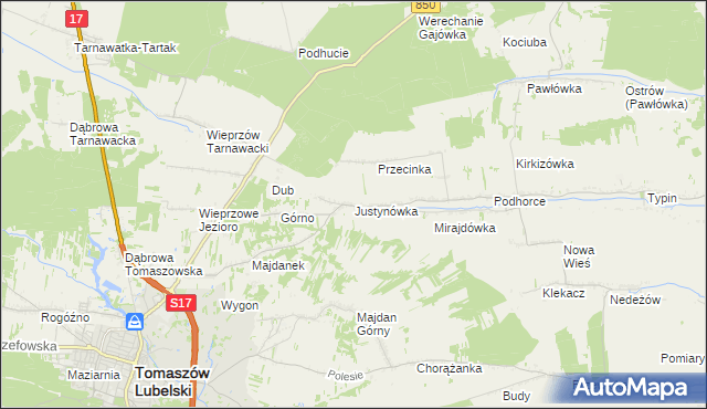 mapa Justynówka gmina Tomaszów Lubelski, Justynówka gmina Tomaszów Lubelski na mapie Targeo