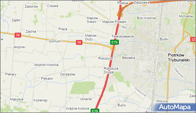 mapa Rokszyce gmina Wola Krzysztoporska, Rokszyce gmina Wola Krzysztoporska na mapie Targeo