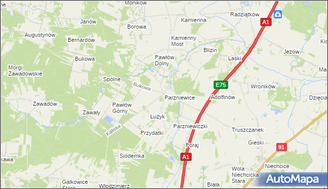 mapa Parzniewice, Parzniewice na mapie Targeo
