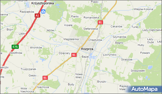 mapa Rozprza powiat piotrkowski, Rozprza powiat piotrkowski na mapie Targeo