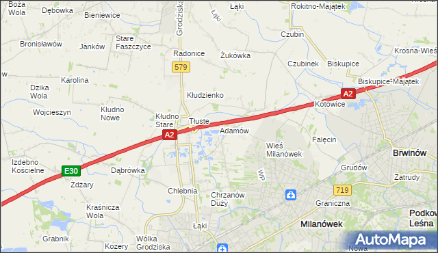 mapa Adamów gmina Grodzisk Mazowiecki, Adamów gmina Grodzisk Mazowiecki na mapie Targeo