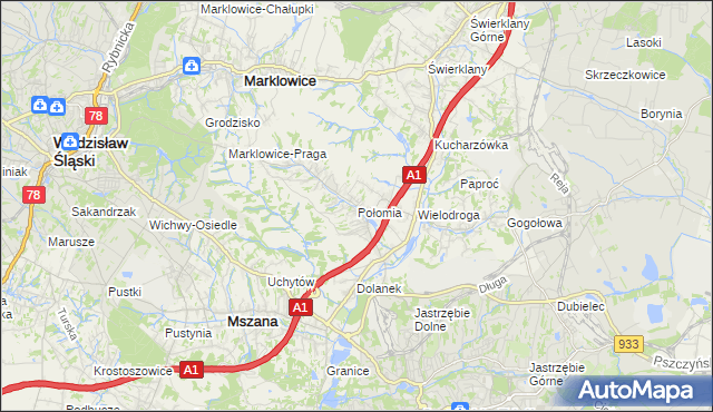 mapa Połomia gmina Mszana, Połomia gmina Mszana na mapie Targeo