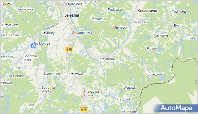 mapa Przyborów gmina Jeleśnia, Przyborów gmina Jeleśnia na mapie Targeo