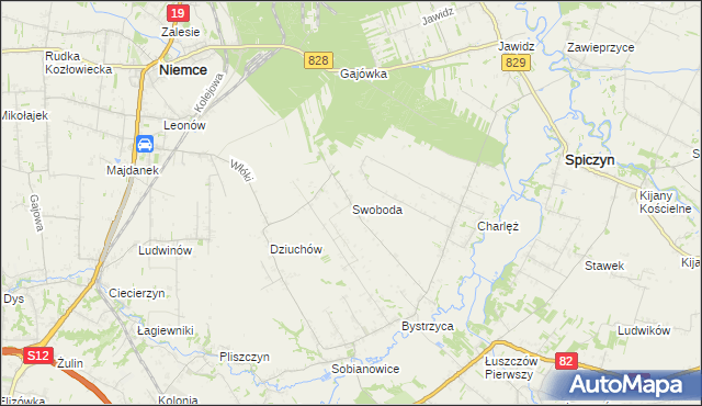 mapa Swoboda gmina Niemce, Swoboda gmina Niemce na mapie Targeo