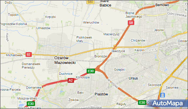 mapa Bronisze gmina Ożarów Mazowiecki, Bronisze gmina Ożarów Mazowiecki na mapie Targeo