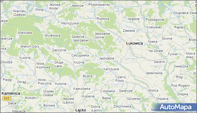 mapa Jastrzębie gmina Łukowica, Jastrzębie gmina Łukowica na mapie Targeo