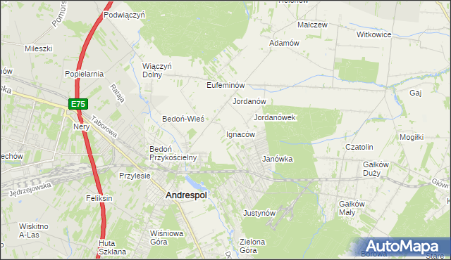 mapa Ignaców gmina Brzeziny, Ignaców gmina Brzeziny na mapie Targeo