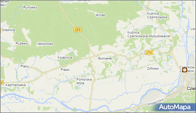 mapa Bukowiec gmina Czarnków, Bukowiec gmina Czarnków na mapie Targeo