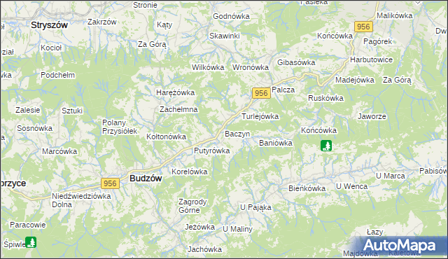 mapa Baczyn gmina Budzów, Baczyn gmina Budzów na mapie Targeo