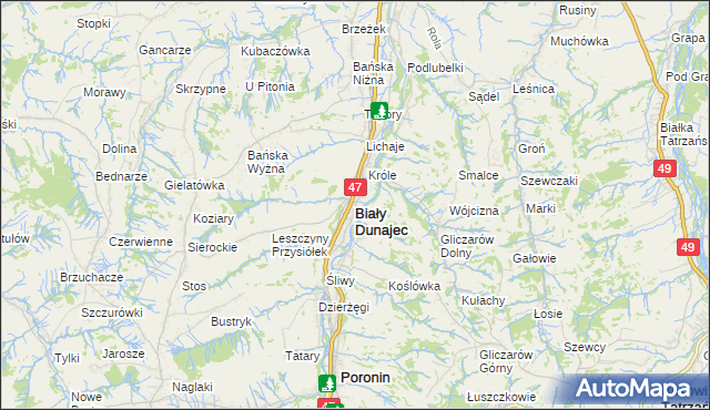 mapa Biały Dunajec, Biały Dunajec na mapie Targeo