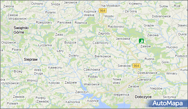 mapa Bieńkowice gmina Dobczyce, Bieńkowice gmina Dobczyce na mapie Targeo