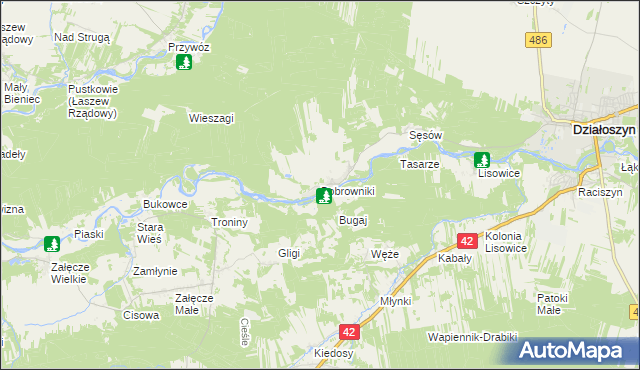 mapa Bobrowniki gmina Działoszyn, Bobrowniki gmina Działoszyn na mapie Targeo