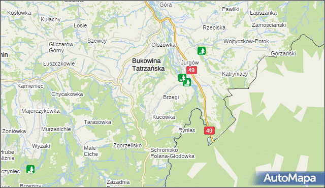 mapa Brzegi gmina Bukowina Tatrzańska, Brzegi gmina Bukowina Tatrzańska na mapie Targeo