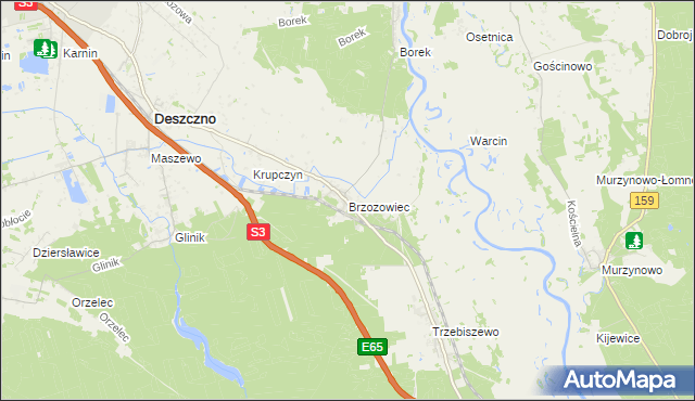 mapa Brzozowiec gmina Deszczno, Brzozowiec gmina Deszczno na mapie Targeo