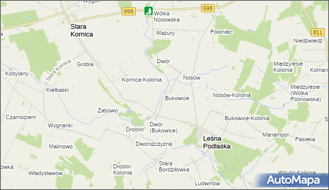 mapa Bukowice gmina Leśna Podlaska, Bukowice gmina Leśna Podlaska na mapie Targeo