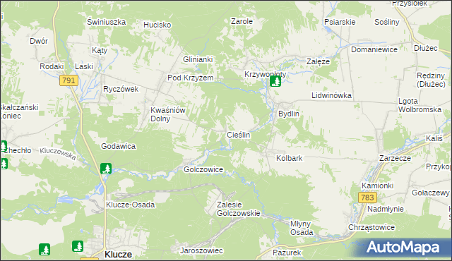 mapa Cieślin gmina Klucze, Cieślin gmina Klucze na mapie Targeo