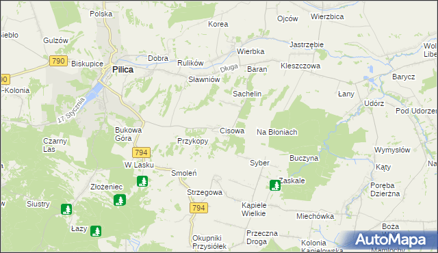 mapa Cisowa gmina Pilica, Cisowa gmina Pilica na mapie Targeo