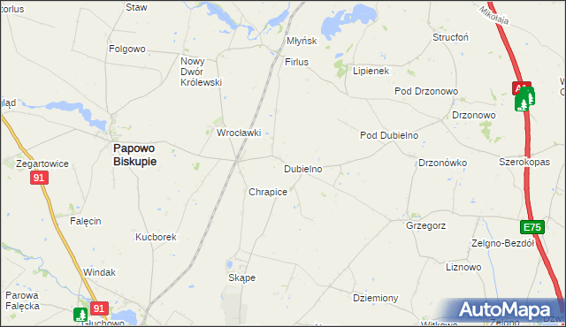mapa Dubielno gmina Papowo Biskupie, Dubielno gmina Papowo Biskupie na mapie Targeo