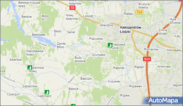 mapa Grunwald gmina Aleksandrów Łódzki, Grunwald gmina Aleksandrów Łódzki na mapie Targeo