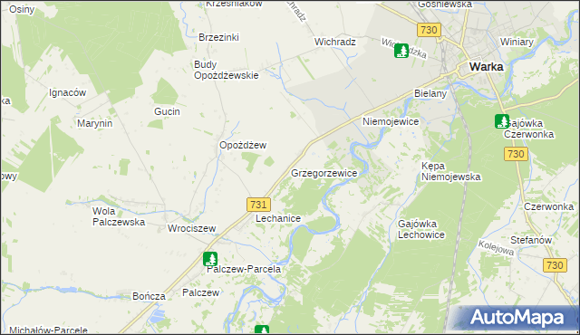 mapa Grzegorzewice gmina Warka, Grzegorzewice gmina Warka na mapie Targeo