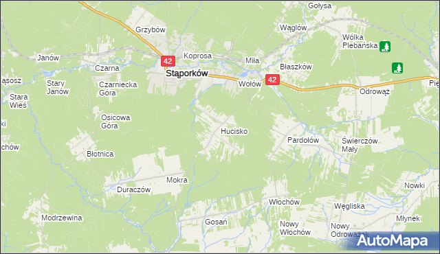 mapa Hucisko gmina Stąporków, Hucisko gmina Stąporków na mapie Targeo