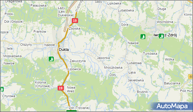 mapa Jasionka gmina Dukla, Jasionka gmina Dukla na mapie Targeo
