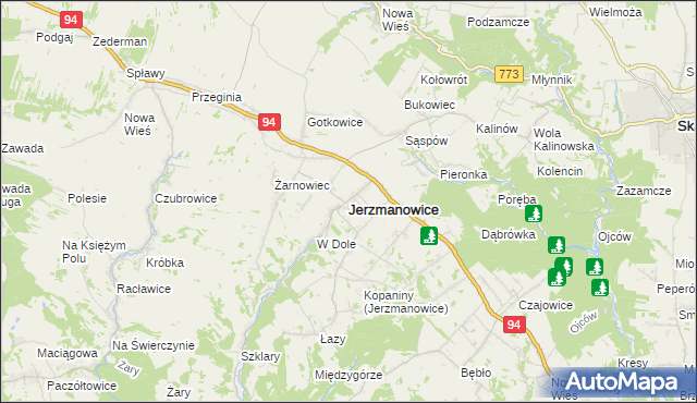 mapa Jerzmanowice gmina Jerzmanowice-Przeginia, Jerzmanowice gmina Jerzmanowice-Przeginia na mapie Targeo