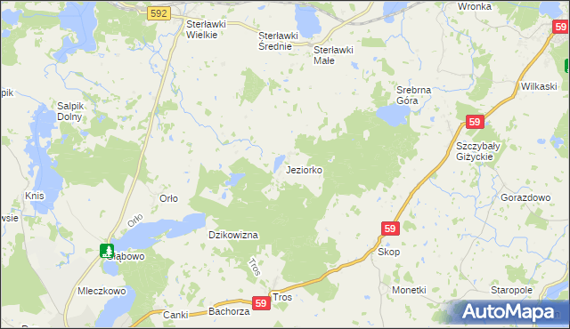 mapa Jeziorko gmina Ryn, Jeziorko gmina Ryn na mapie Targeo